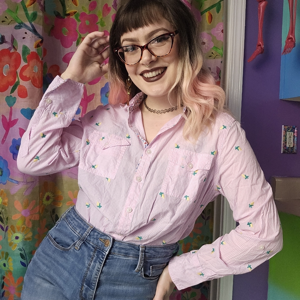 Matilda Jane Pink Gingham Lemon Embroidered Long Sleeve Buttin Down Shirt